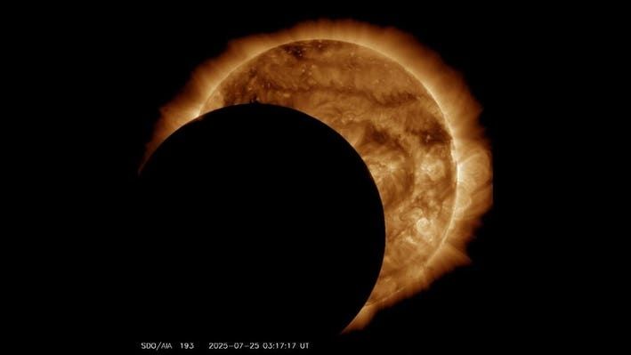 NASA’s Solar Dynamics Observatory captured a stunning partial solar eclipse from space on July 25, 2025, with 62% of the Sun covered by the Moon. This rare view is only possible from SDO’s orbit high above Earth. 

Image credit: NASA/SDO