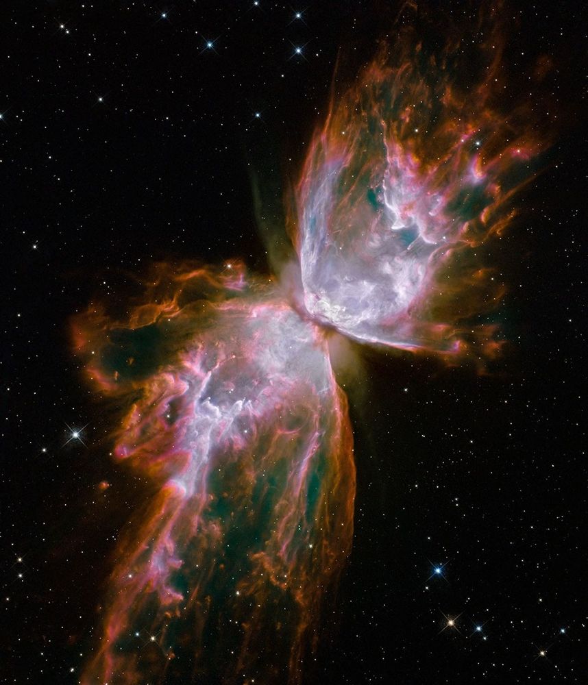 This stunning image of NGC 6302, the Butterfly Nebula, captures a dying star ejecting gas at 600,000 mph, heated to 36,000°F. Hidden behind a dense dust ring, the star’s core reaches 400,000°F, making it one of the hottest known in the galaxy.

Credit: Hubble/NASA/ESA