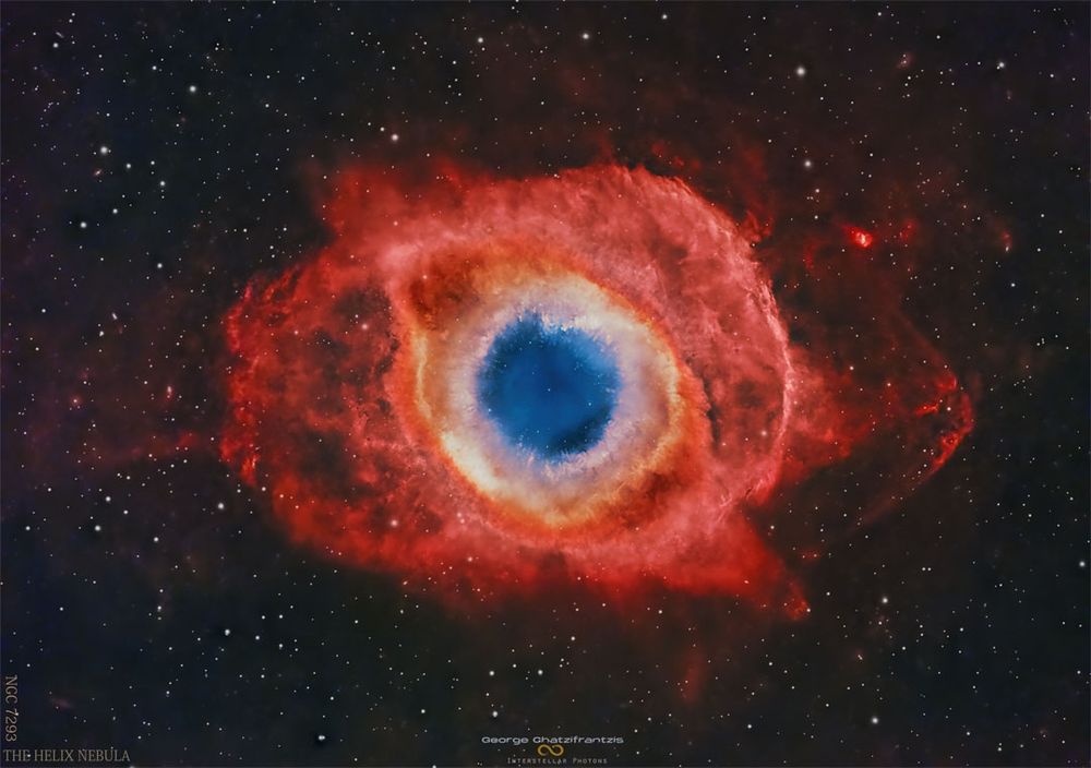 A Helix Nebula Deep Field 
This stunning image captures the Helix Nebula (NGC 7293), a nearby planetary nebula shaped like an eye. Formed from the remains of a dying star, it glows due to intense radiation from its core. Taken over 12 hours with a telescope in Greece.

Credit: George Chatzifrantzis
