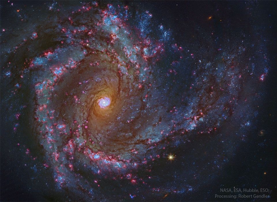 At the heart of spiral galaxy M61, a glowing nuclear spiral swirls around a supermassive black hole, like a galaxy within a galaxy. Captured in stunning detail using data from Hubble, ESO, and Earth-based telescopes.

Credit: NASA, ESA, Hubble, ESO
