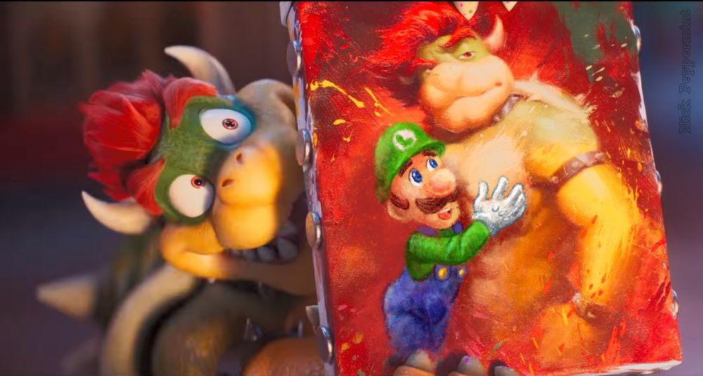 Fanart edit of the scene from Nintendo Super Mario Galaxy Movie with Luigi painted over Princess Peach on Bowser's artwork