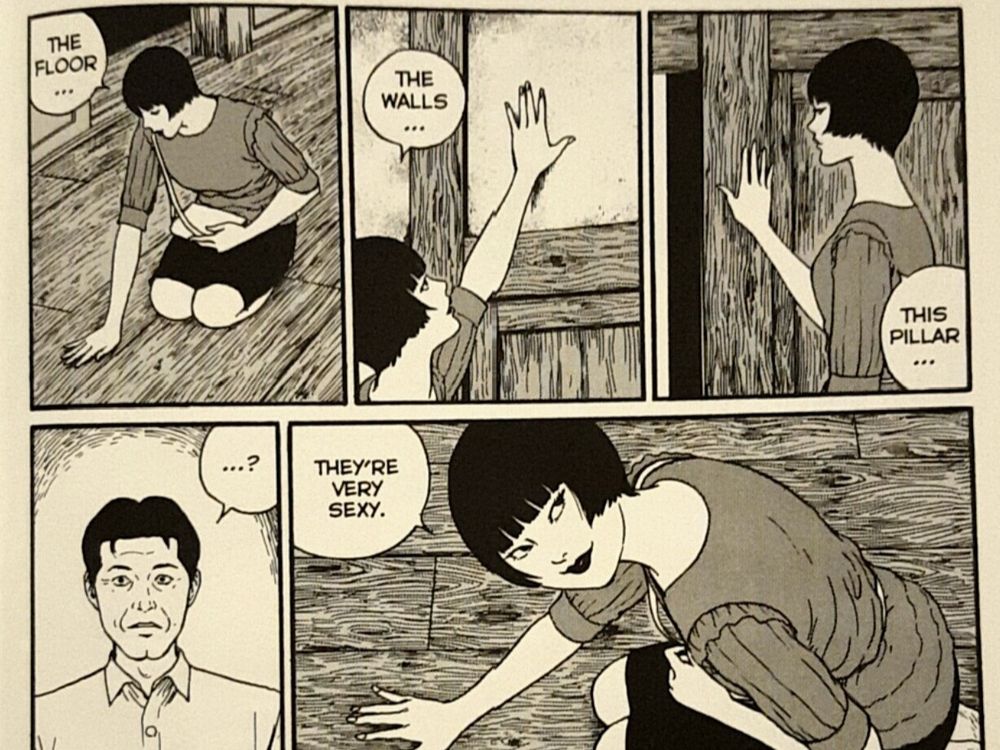 A comic, a woman is rubbing her hands against walls, the floor. She says "They're very sexy."