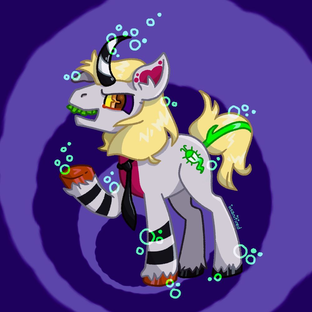 This picture depicts a digital drawing of the character Beetlejuice from the 1989 equally named cartoon show, turnes into a My Little Pony character. He is shown with grey fur, black back hooves and red front hooves, two black stripes on each of his front legs reminding of his suit. He has a black and white striped, upward curving unicorn horn. His cutie mark depicts a green and white Beetle as a ghost.