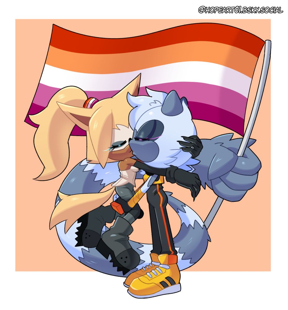Whisper and Tangle kissing. Tangle is holding Whisper up while waving the lesbian flag with her tail.
