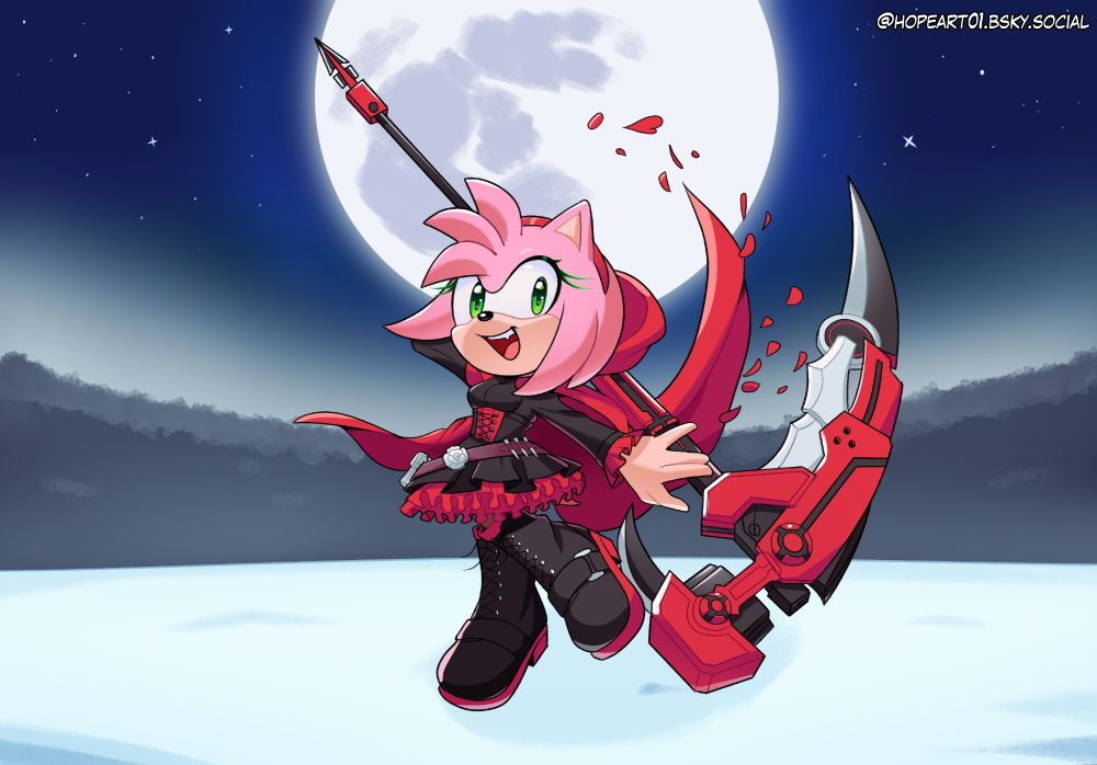 Amy Rose dressed as Ruby Rose from RWBY, wielding her Crescent Rose scythe in front of a moonlit snowy forest.
