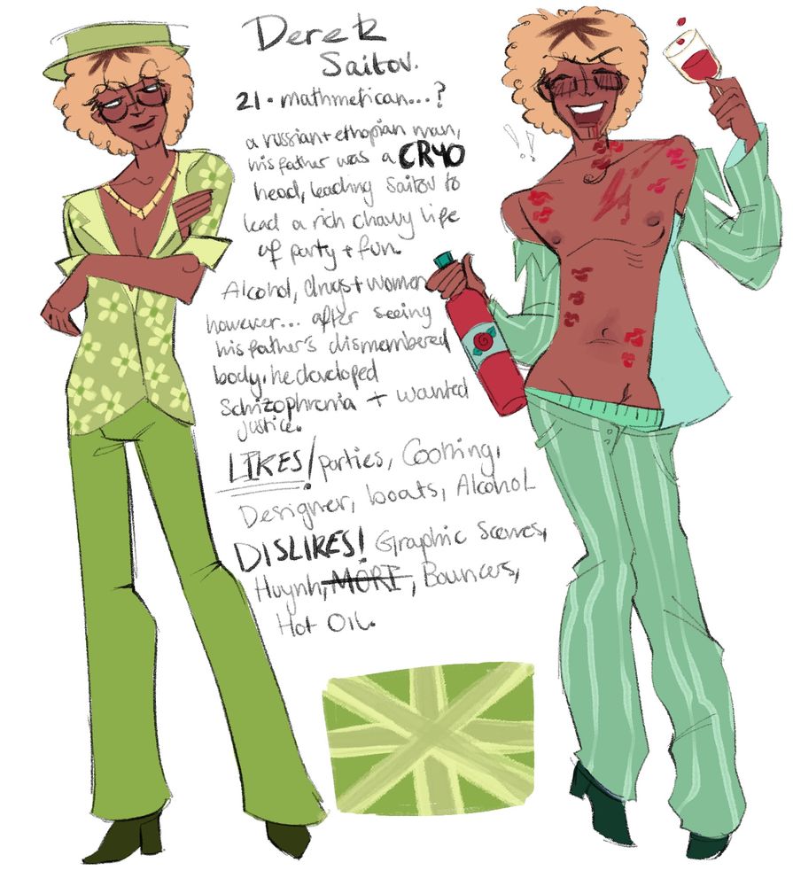 A reference sheet for A Russian-Ethiopian Man called Derek Saitov. One figure of him in his regular outfit and one where is in his more party- like clothes