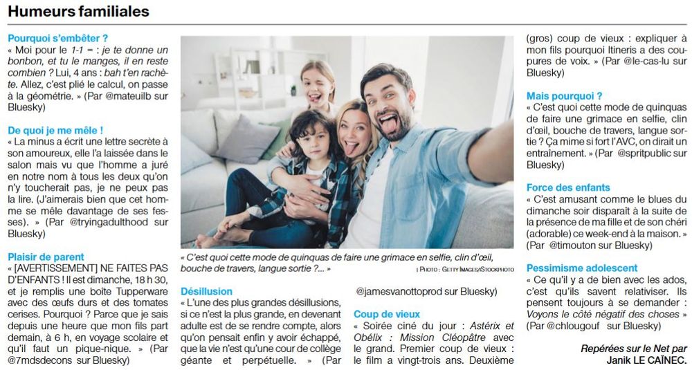 Il s'agit d'une capture d'écran des humeurs parues dans Ouest-France. Ce sont des skeets amusants ou touchants repérés sur Bluesky et publiés dans le journal après l'accord de leurs auteurs.