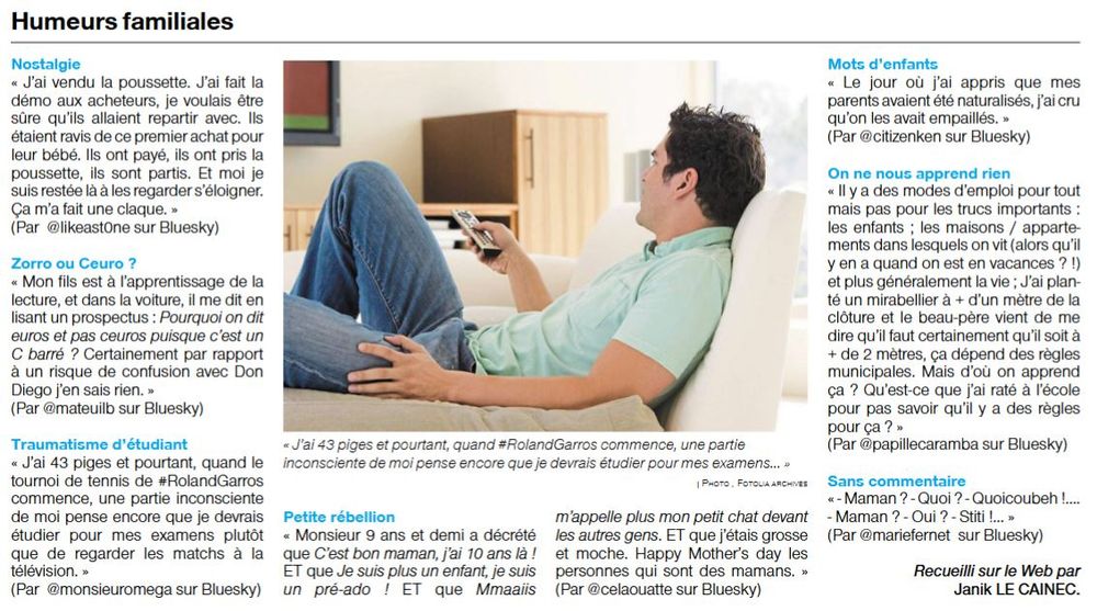 Les humeurs sont des skeets drôles, touchants ou décalés, repérés sur les réseaux sociaux, dont Bluesky, et publiés sous forme de brèves de comptoir, après l'accord de leurs auteurs, dans le journal Ouest-France.