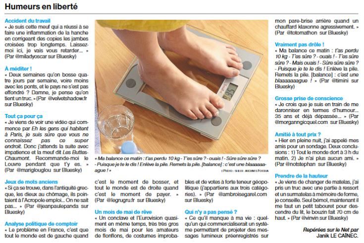 Les humeurs sont des skeets humoristiques ou touchants repérés sur Bluesky et publiés dans le journal Ouest-France après l'accord de leurs auteurs.