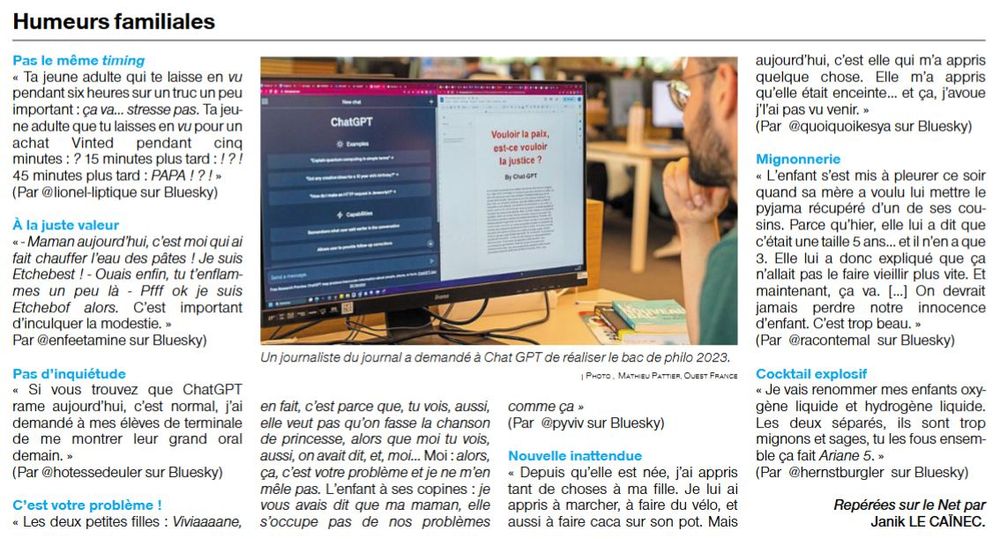 Les humeurs sont des skeets décalés, drôles ou touchants, comme des brèves de comptoirs, publiés les mardis et mercredis dans le journal Ouest-France avec l'accord de leurs auteurs.