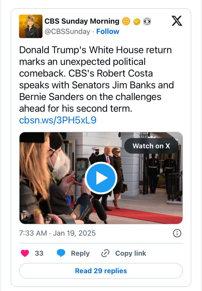 Screen capture of a tweet from CBS Sunday Morning calling Fick’s return to the WH an *unexpected comeback* rather than a failure of our institutions against a criminal insurrectionist. Courtesy of aggregate site Joe My God.