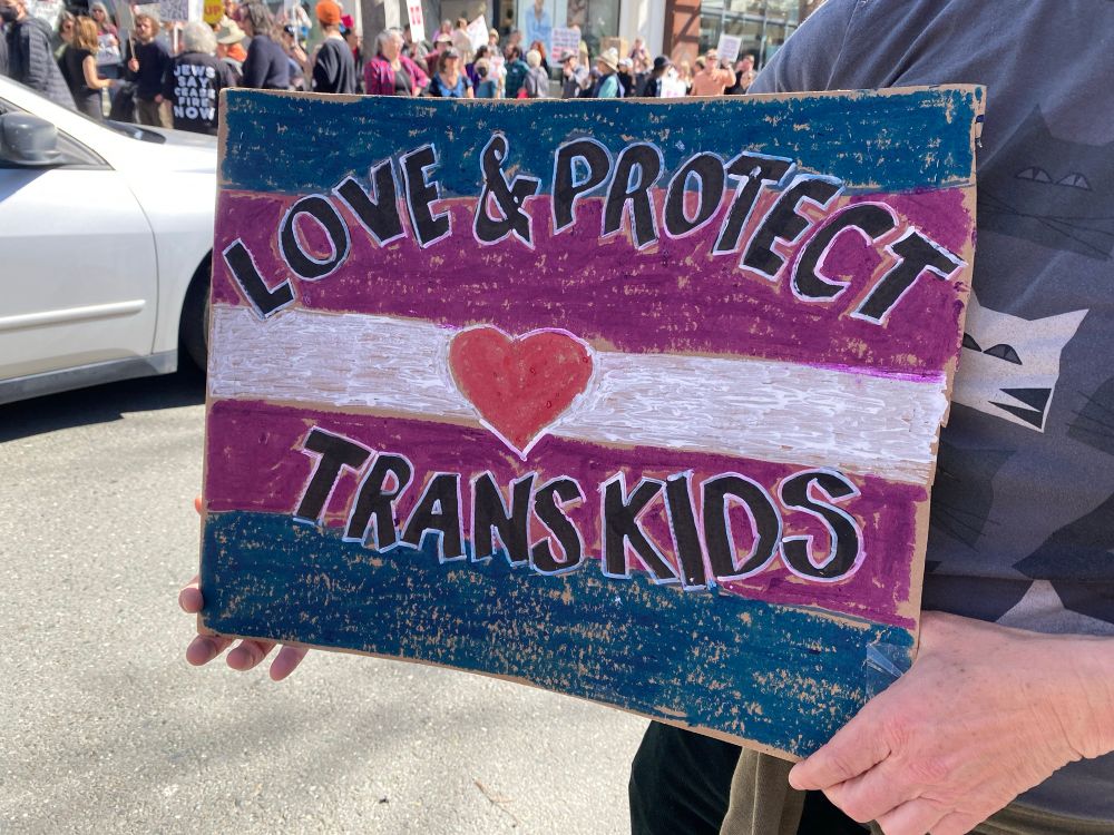 A beautiful trans pride flag drawn as a protest sign, emblazoned with a heart and the words *love and protect trans kids*