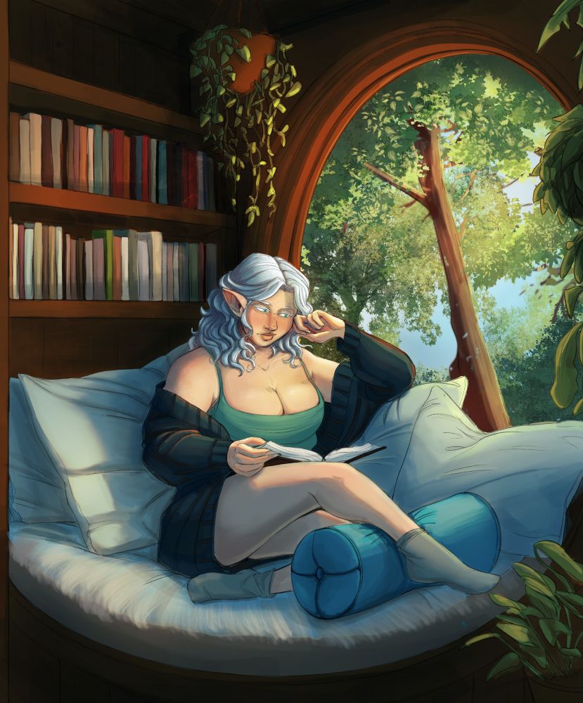 An illustration of a pale half elf with white hair sits among many pillows while reading a book. She is wearing a teal tank top and a navy blue cardigan. A large circle window behind her illuminates the scene, and shows a forest outside. 