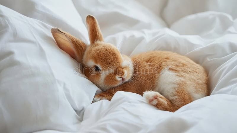 A brown and white bunny relaxing in a fluffy white blanket 