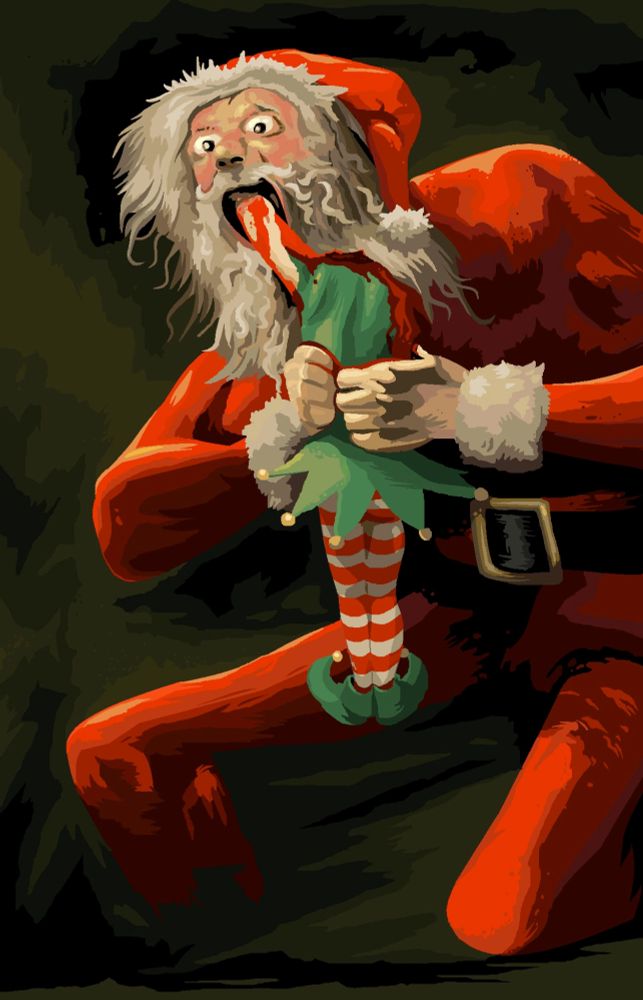 Saturn devouring his son - Santa devouring elf. Goya parody.