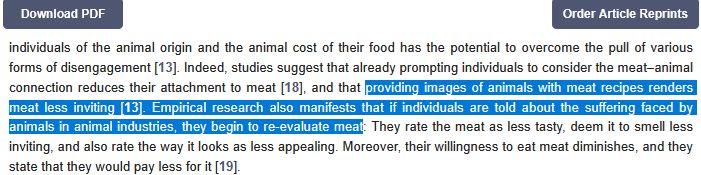 Text highlighted on a web page that reads: ...providing images of animals with meat recipes renders meat less inviting. Empirical research also manifests that if individuals are told about the suffering faced by animals in animal industries, they begin to re-evaluate meat