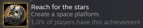 An icon of an unlocked Steam achievement for "Factorio" named "Reach for the stars", with the subheading "Create a space platform" along with the de-emphasized text "1.0% of players have this achievement"