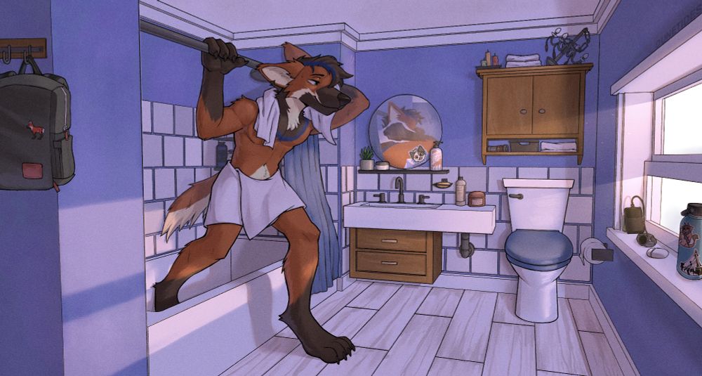A colored illustration of an anthropomorphic maned wolf stepping out of the shower in the morning as the sun filters in through a window.