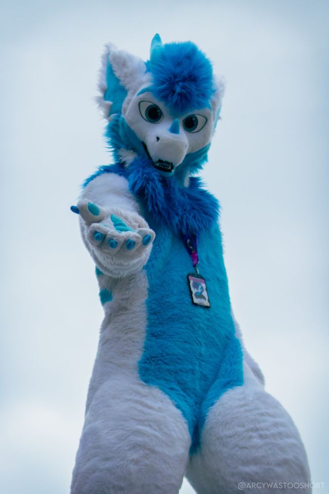 Reiko in fursuit standing behind a cloudy sky, looking down at you with a paw reaching out for you. Will you take it?
