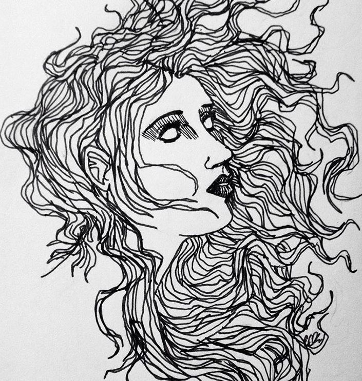 Black and white ink drawing of a girl looking off to the right of the page