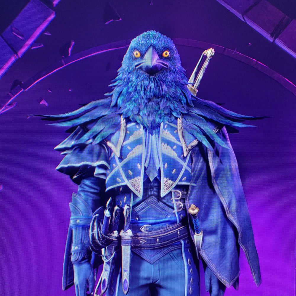 A picture of Rook from Dragon Age: Veilguard wearing the crow's head mask, staring awkwardly at the camera.