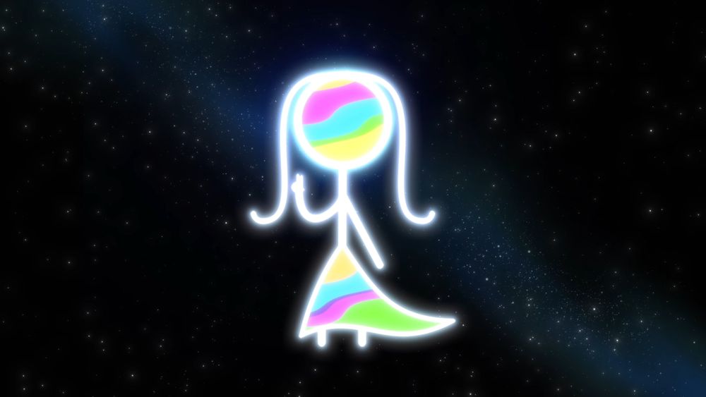 A human-like depiction of "The Indifferent Universe", by GCP Grey. The universe is shown as a stick figure, with long hair and wearing a dress. The main lines of the stick figure are drawn in white, while the face and dress are multi-faceted and multi-coloured.