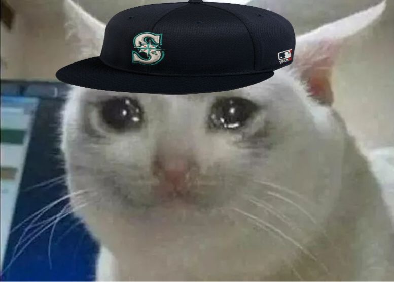 Crying cat meme with a Seattle Mariners hat edited on