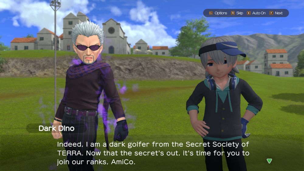 Opponent named Dark Dino saying "Indeed, I am a dark golfer from the Secret Society of TERRA. Now that the secret's out, it's time for you to join our ranks, AmiCo."
