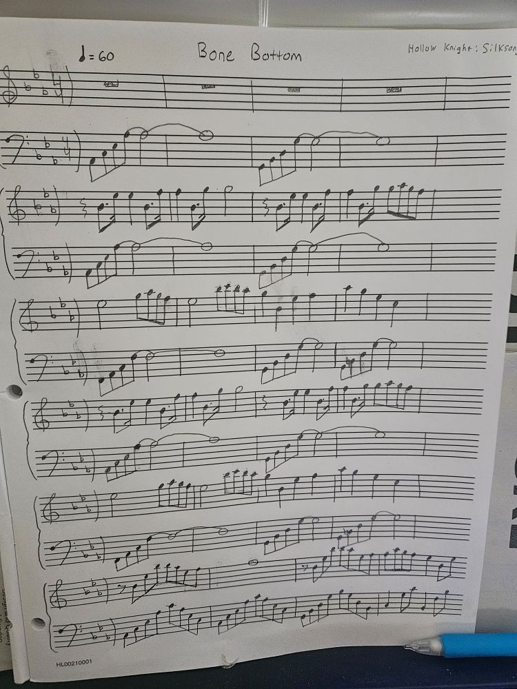 Piano sheet music written by me for Bone Bottom, an area from Hollow Knight: Silksong (2025)