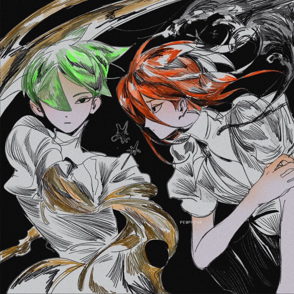 Houseki no Kuni sketches. Gold alloy emerging from the left. Phos has neon green hair fluttering, staring stoically forward. The right shows Cinnabar's left side profile with red hair blowing right as they lift their right arm and mercury surrounds them.