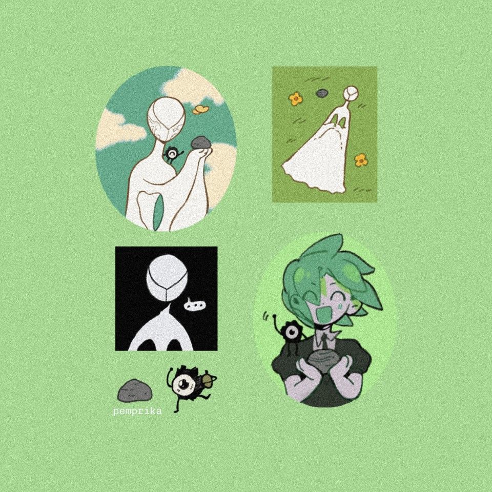 Collection of different images from left to right: divinely figure in various sceneries interacting with pebble and big brother, a remnant of a machine eye. Bottom right: Light green frame of young Phos smiling with their mouth open holding pebble and big brother sits on their shoulder waving.