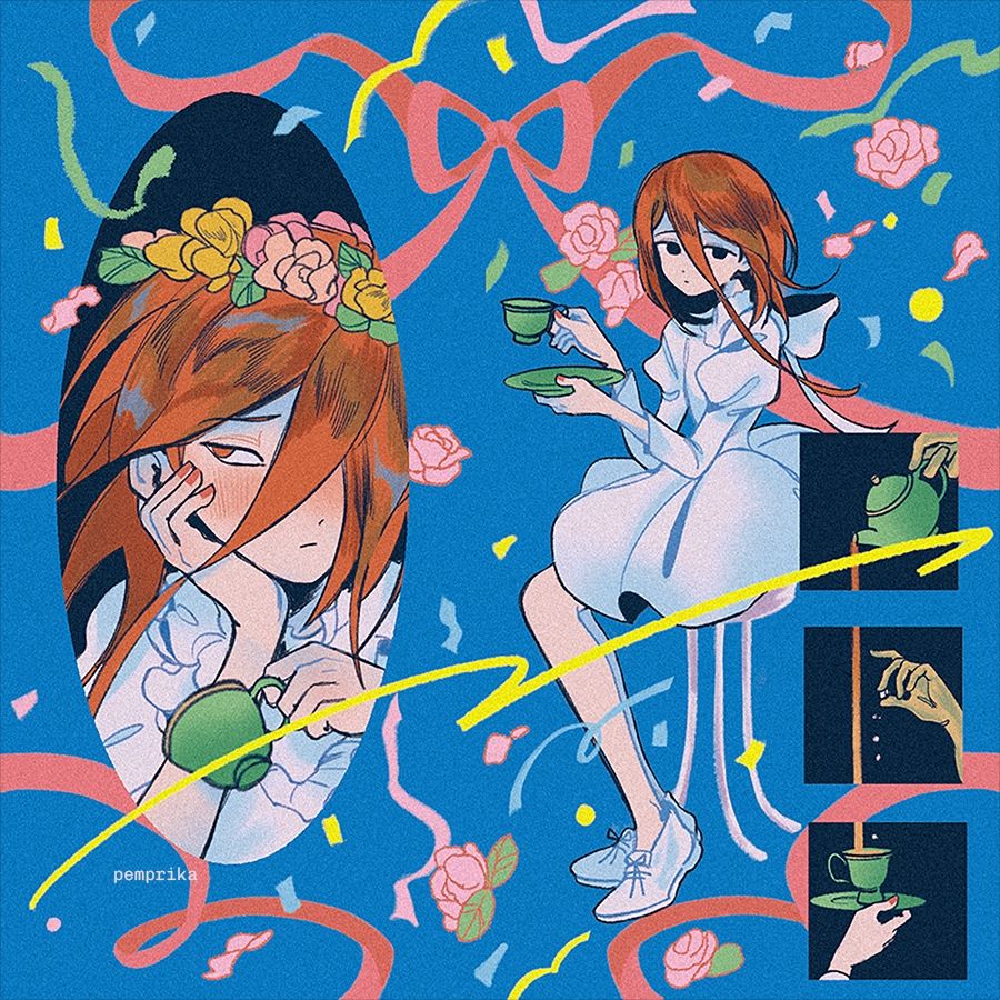 Risograph in blue, fluorescent pink, and yellow. Left oval portrait of Cinnabar from Houseki no Kuni wearing a dress shirt and floral crown; they're holding a green tea cup while resting their head on their palm, and blushing. On the right side: Cinnabar is sitting on a stool while holding a green tea set. Three square images of gold arms pouring sugar and tea in a cup held by Cinnabar's hand. Background is full of confetti and flowers.