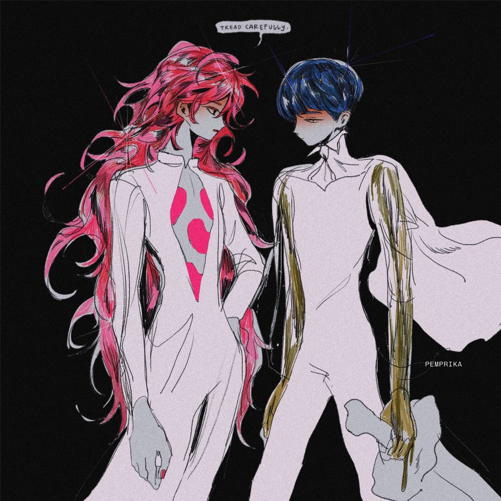 Padparadscha and Moon Phos facing each other with neutral expressions. Padparadscha says, "tread carefully" with their hand on their waist, while Phos holds their sword with melting gold arms.