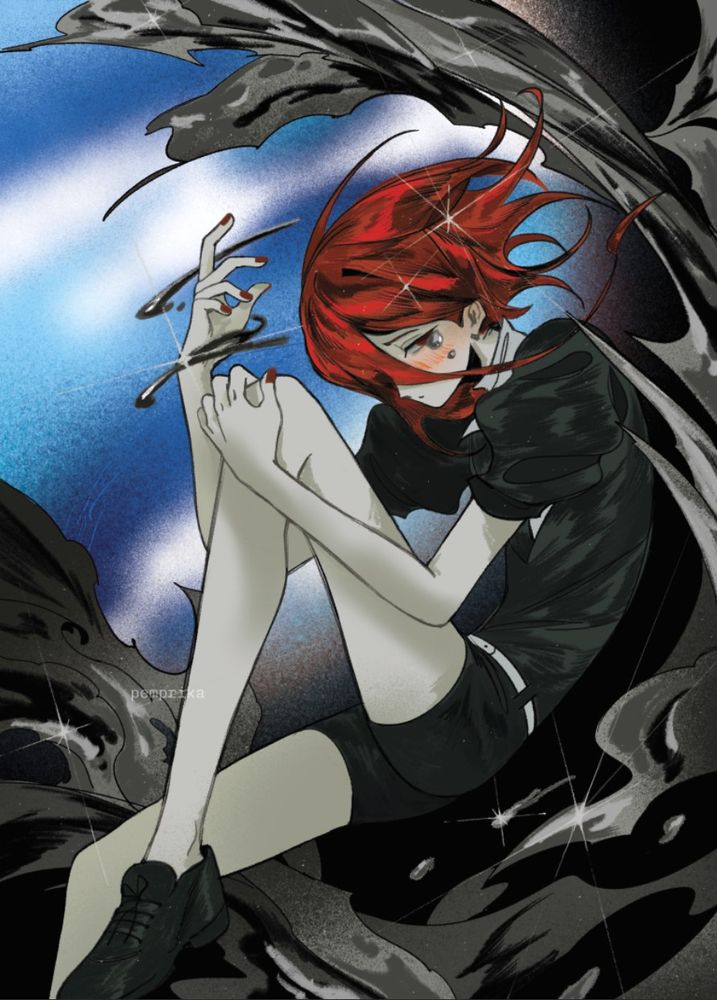 Cinnabar from Houseki no Kuni. They're in a sitting posture with a tearful expression. Their red hair is swayed towards the right, knee is propped up with the left hand resting on it, while the right hand is partially open to control mercury. Waves of mercury are enshrouding their backside as earth is orbiting in the background.