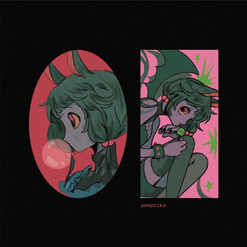 Left image is an oval dark pink frame of Bat OC side profile as she blows a bubble gum. Right image is a rectangular light pink frame with Bat OC side profile half body portrait as she holds a green lollipop. Background has green stars around.