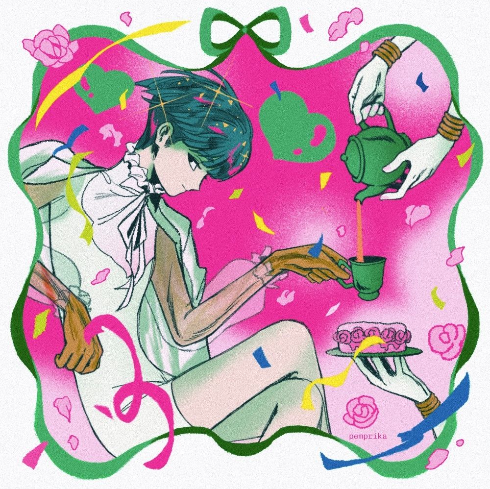 Moon Phos in Houseki no Kuni sitting eloquently with their right arm propped up and left hand holding a green tea cup as tea is being poured in. They are wearing a laced body suit with a ribbon draped from the neck, and a white blazer draped over their shoulders. Confetti, flowers, and bubble-shaped hearts surround the air. Lunarian arms are holding a kettle pot and serving a plate of cake on the right. Background is bright pink with soft light pink clouds, bordered with a green ribbon.
