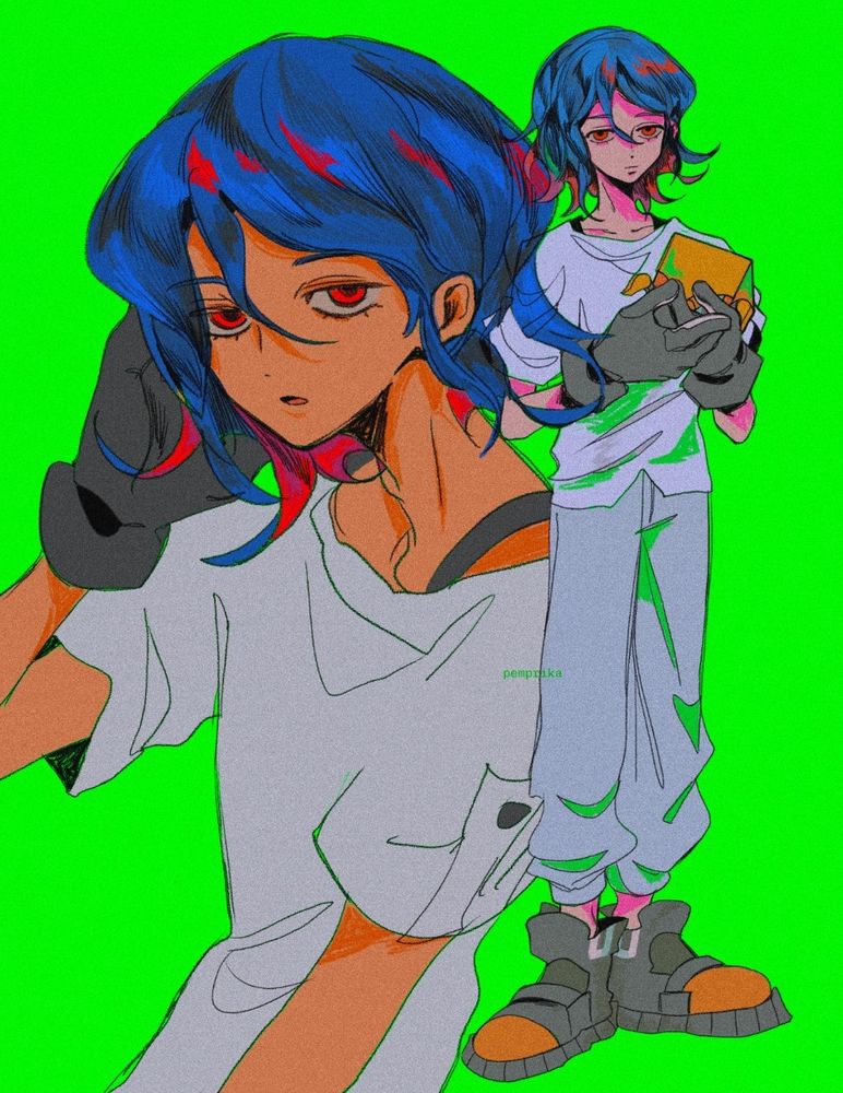 Sketch of Shuji from GQuuuuuuX! Portrait of a character with neck-length blue hair with red highlights. His arm is caressing the side of his head. Full body on the right is holding a yellow cube robot. He wears large gloves, baggy light colored clothing, and boot-like shoes.