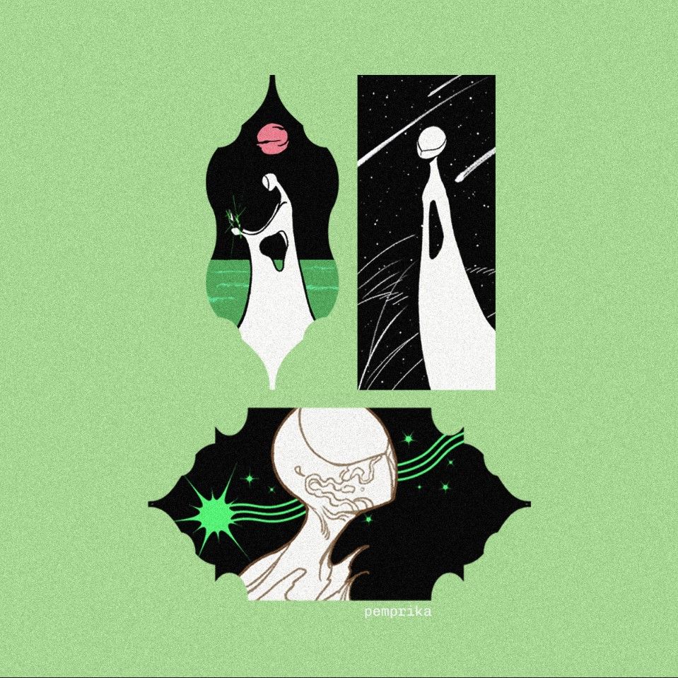Collection of three frames of a white divinely figure. From left to right: The pink moon sits above with the divine figure holding a small green fragmented gem. The right image is a rectangular frame of the divine figure standing in a grassy field with shooting stars. Bottom image is an ornate frame of the divine figure looking up at a bright green comet falling, followed by a trail of stars and wavy lines.