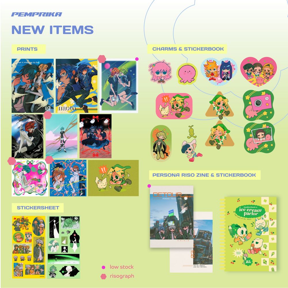 Shop graphic featuring newly debut items from spring and summer of 2025, including prints, charms, and sticker sheets of Persona, Housek no Kuni, Legend of Zelda, Takopi, Bocchi the Rock, Kaiba, and Panty and Stocking.