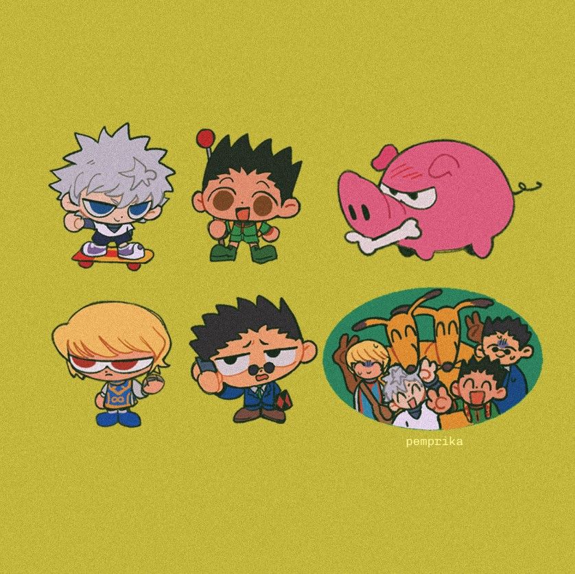 From left to right: Chibis of Killua skateboarding, Gon holding his fishing rod, boar chewing on a bone, Kurapika glaring with his judgment chain out, Leorio talking on the phone, and an oval image of the whole group posing with kiriko monsters showing mixed emotions.