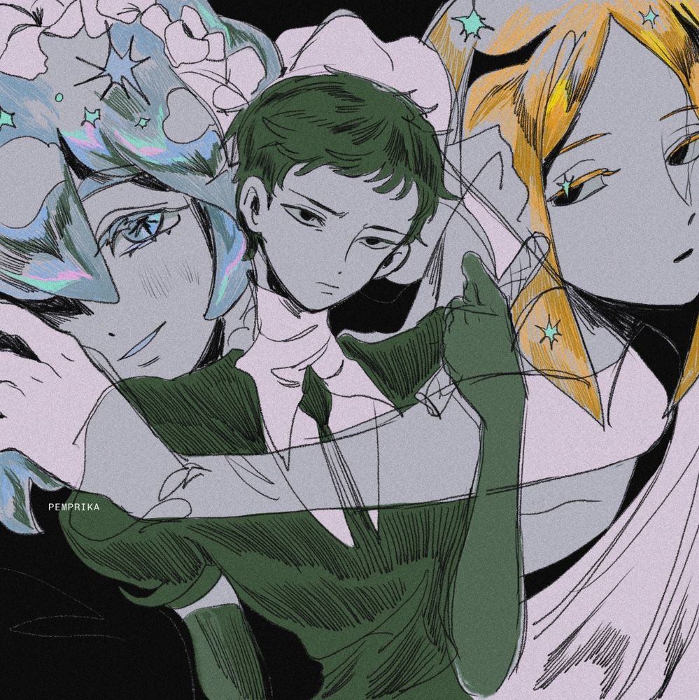 Sketch compilation of the three diamonds of Houseki no Kuni. Dia stares with a faint smile and their arm sprawled, covering their face. Bort with shorter hair is frowning while gripping their whip handle, centered in the composition. Yellow Diamond stares nonchalantly and wears a lunarian robe.