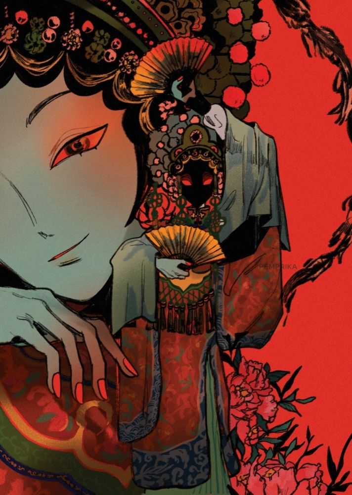 A humanoid demon wearing ornate Peking opera clothing stands centered while holding up two golden yellow fans. In the background, there is a large bust portrait of half the character's left face is shown as they lean against their hand.