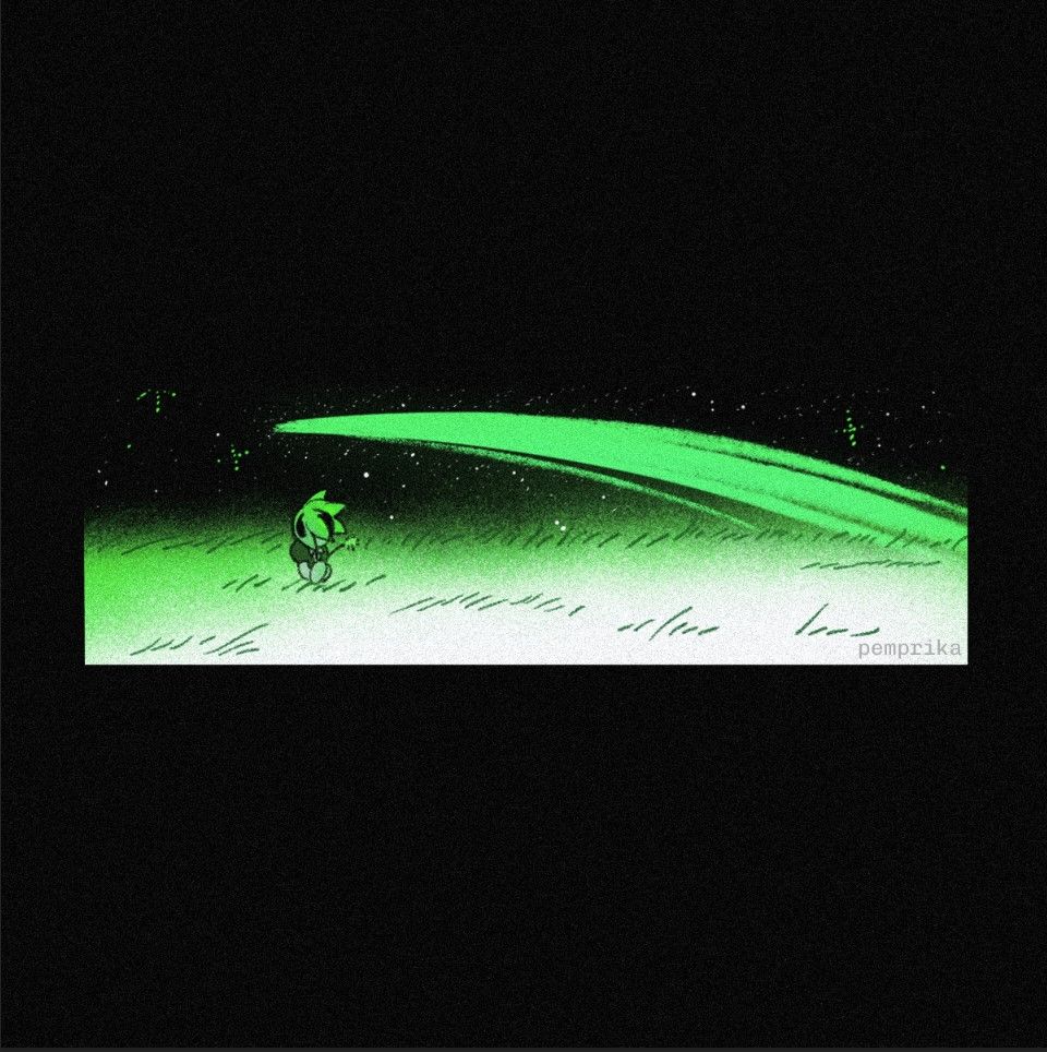 Landscape image of young phos holding a dandelion sitting in a big white field as a large green comet shoots across the sky, illuminating green light and stars all around. Image is centered in a black background.