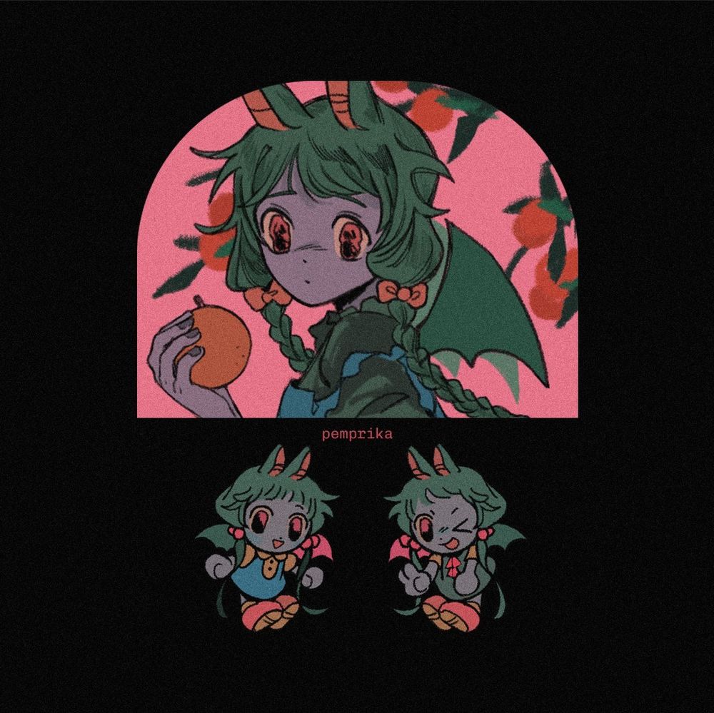 Pink arched frame of Bat OC with oranges and leaves in the background. She has braided pigtails and is holding an orange while looking at the viewer. At the bottom are two smaller chibi versions with different dress outfits and happy/mischievous expressions.