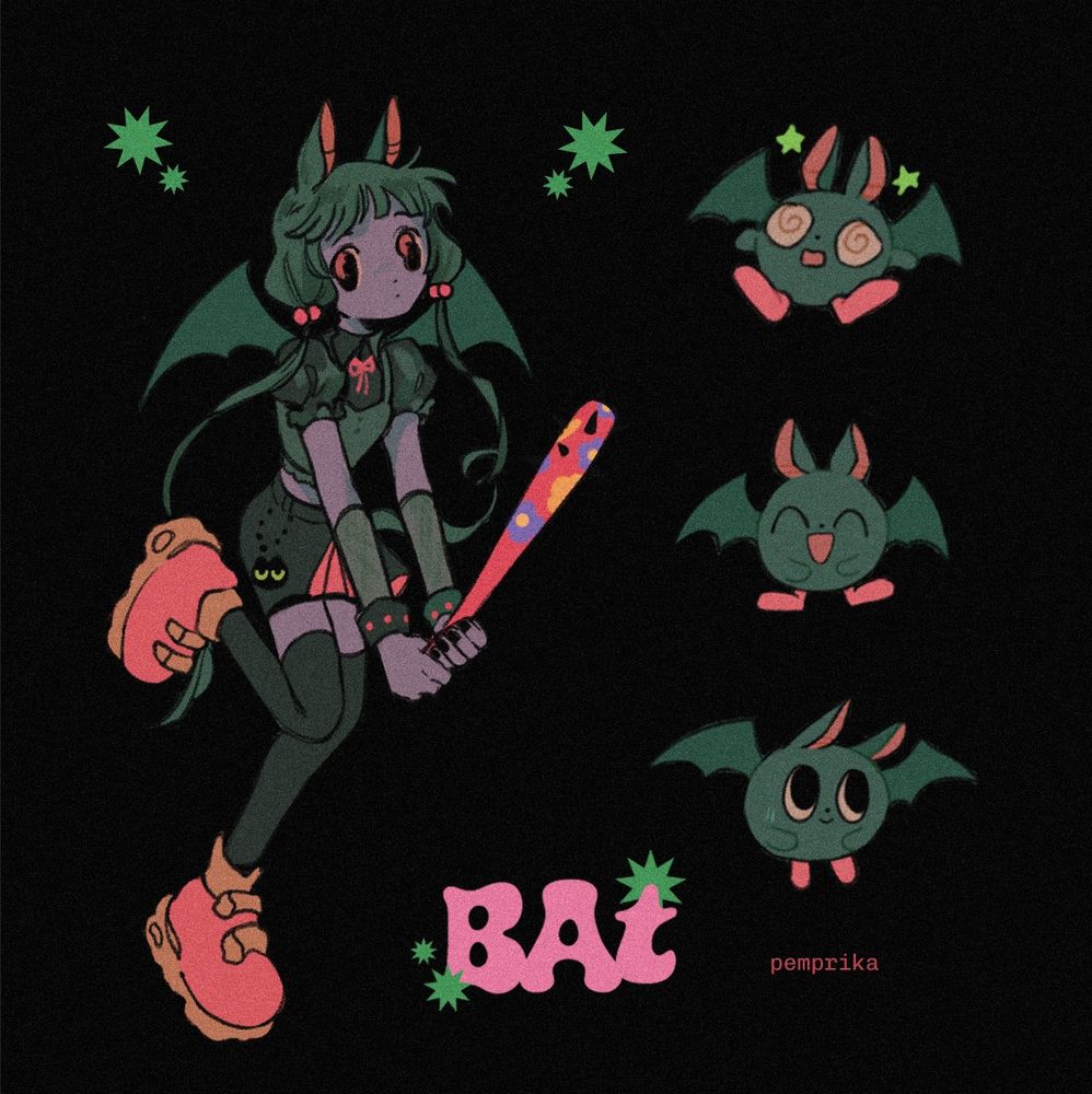Bat OC with green tinted pigtails and short bangs wearing a puffy short sleeved shirt, pink and yellow velcro shoes, and a dark skirt with pink pleated layers and cat keychain. She's holding a pink baseball bat with black spikes and floral stickers. Three small baby bat creatures with different expressions on the right from top to bottom: Confused and dizzy, laughing, and smiling. Bottom pink text says "Bat" with green stars around it.