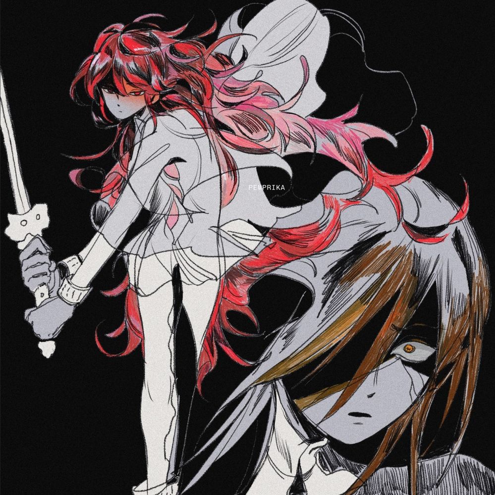 Expressionless Padparadscha in their lunarian outfit wielding a sword and stepping forward while their pink hair is fluttering. Portrait of an anguished Rutile with a cracked face and disheveled hair. 