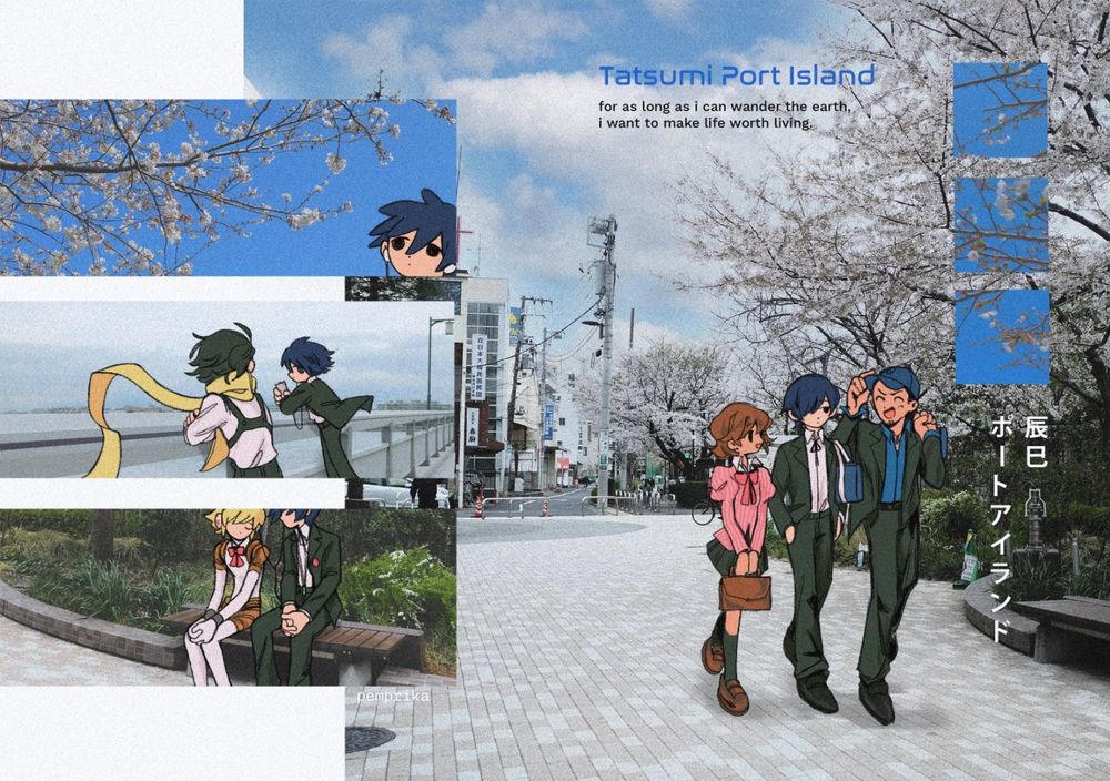 Full spread of the DETOUR travel zine featuring Persona 3. Characters are drawn on the photos, which were captured on FujiFilm in Tokyo and Enoshima. On the left page, there are 3 stacked rectangular compositions showing various interactions of the P3 protagonist, including looking at cherry blossoms, leaning on the railing with Ryoji, and listening to music with Aigis. The right page is a wider frame of P3 protagonist walking with Yukari and Junpei under a row of cherry blossoms trees in a quiet neighborhood.
