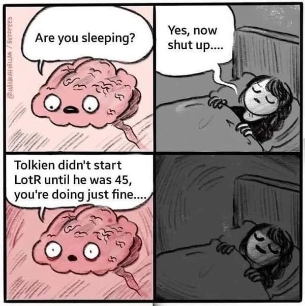 Brain: are you sleeping?
woman: Yes, now shut up...
Brain: tolkien didn't start LotR until he was 45, you're doing just fine....
woman smiles in her sleep
