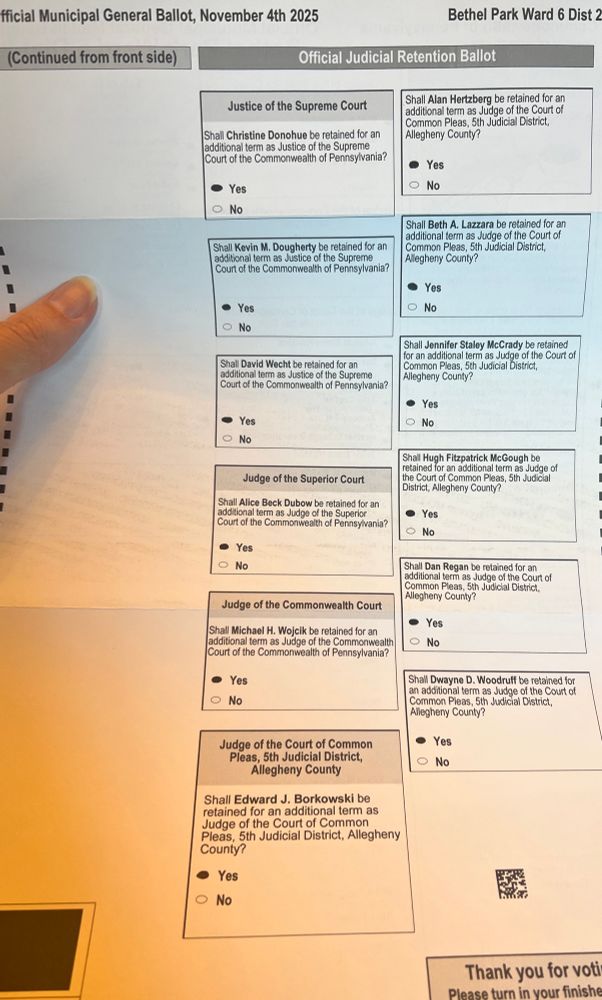 Mail-In ballot with all Yes bubbles filled in for PA Supreme Court retention 