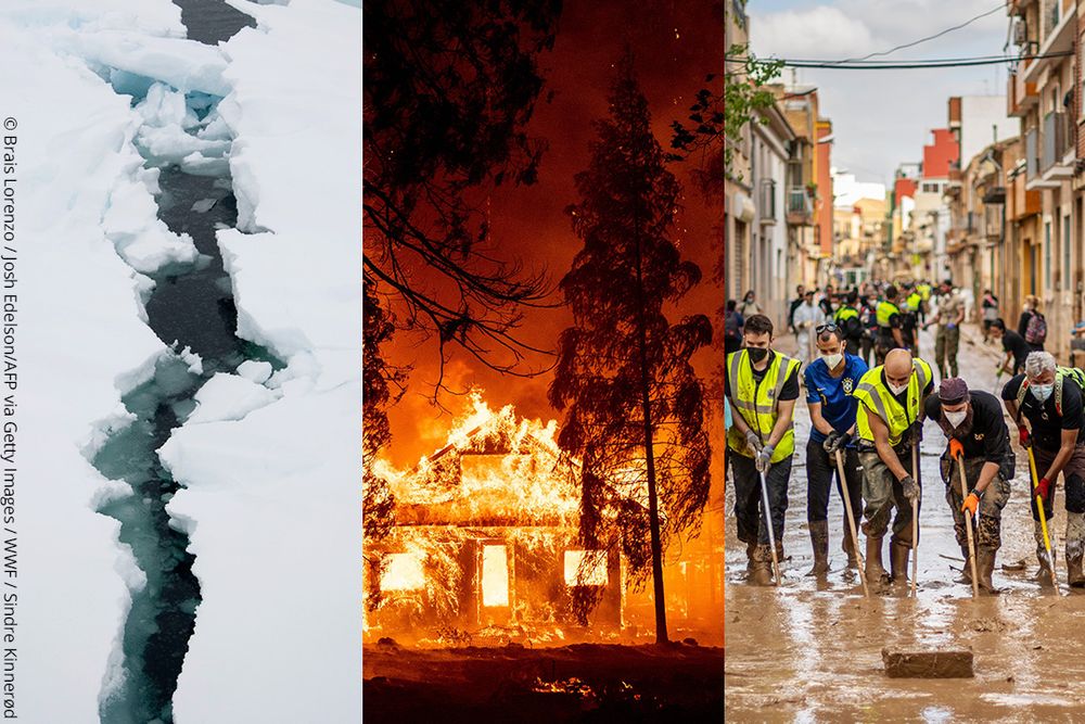 Diptych of three images, the left is Arctic sea ice breaking, the middle image is a home burning during a wildfire and the right is a group of men clearing the street after a flooding event.